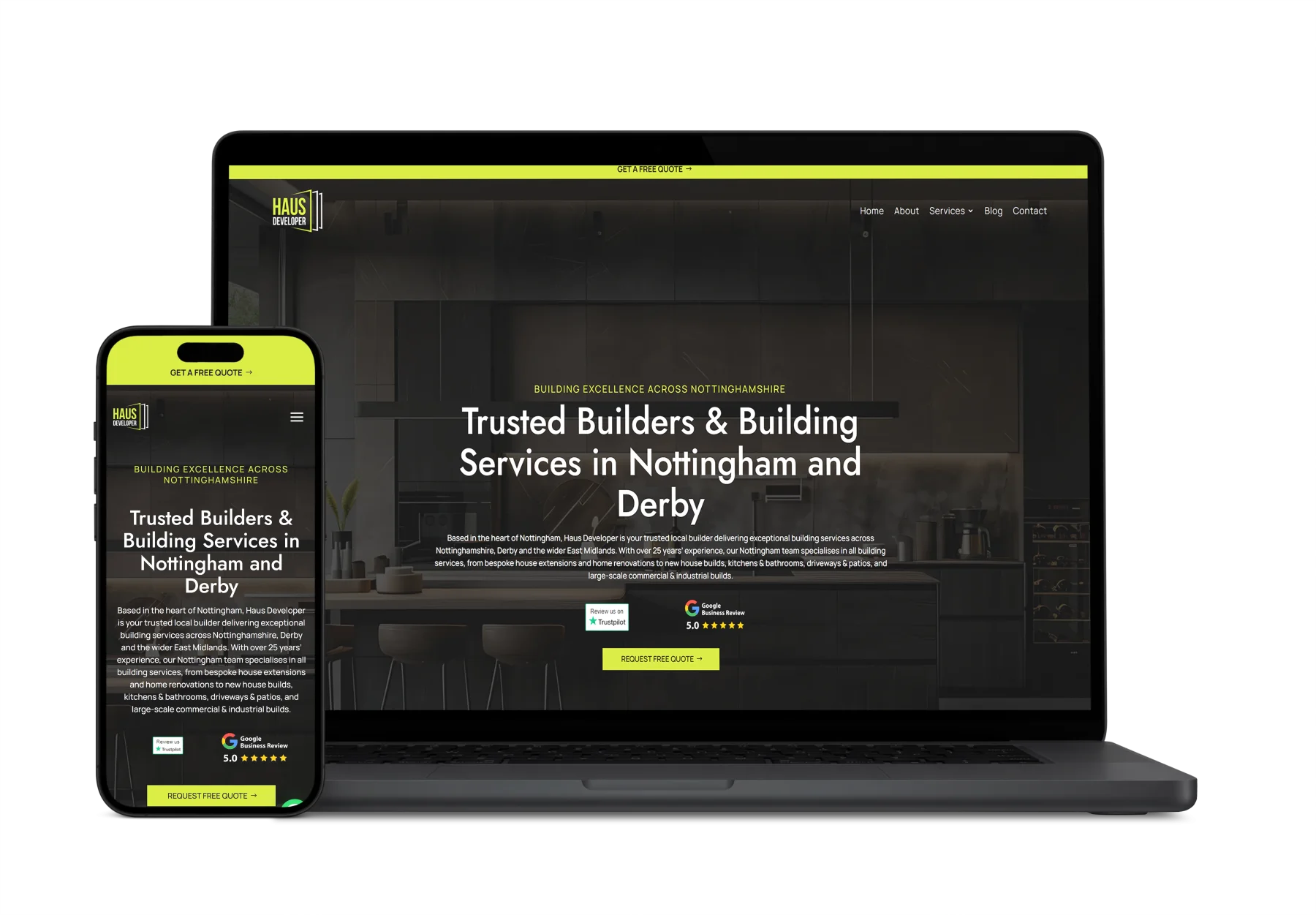 Haus Developer website designed by Higher Performance, shown on laptop and phone