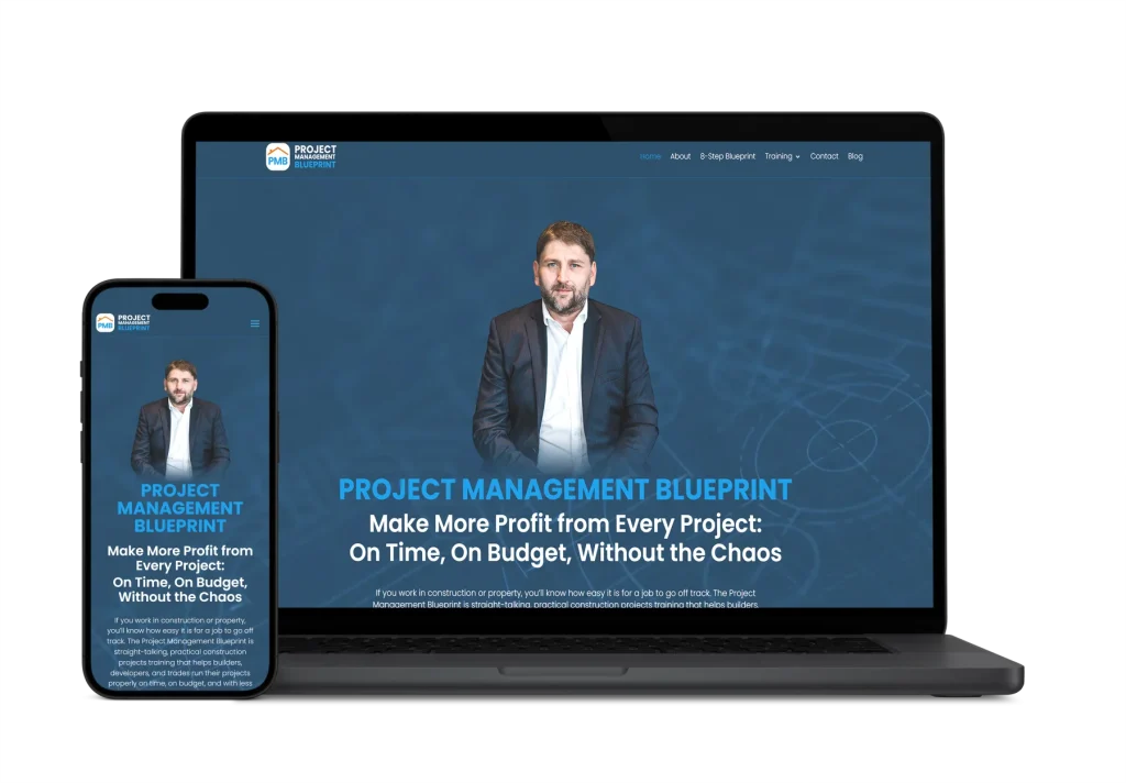 Responsive Project Management Blueprint website built by Higher Performance, shown on phone and laptop