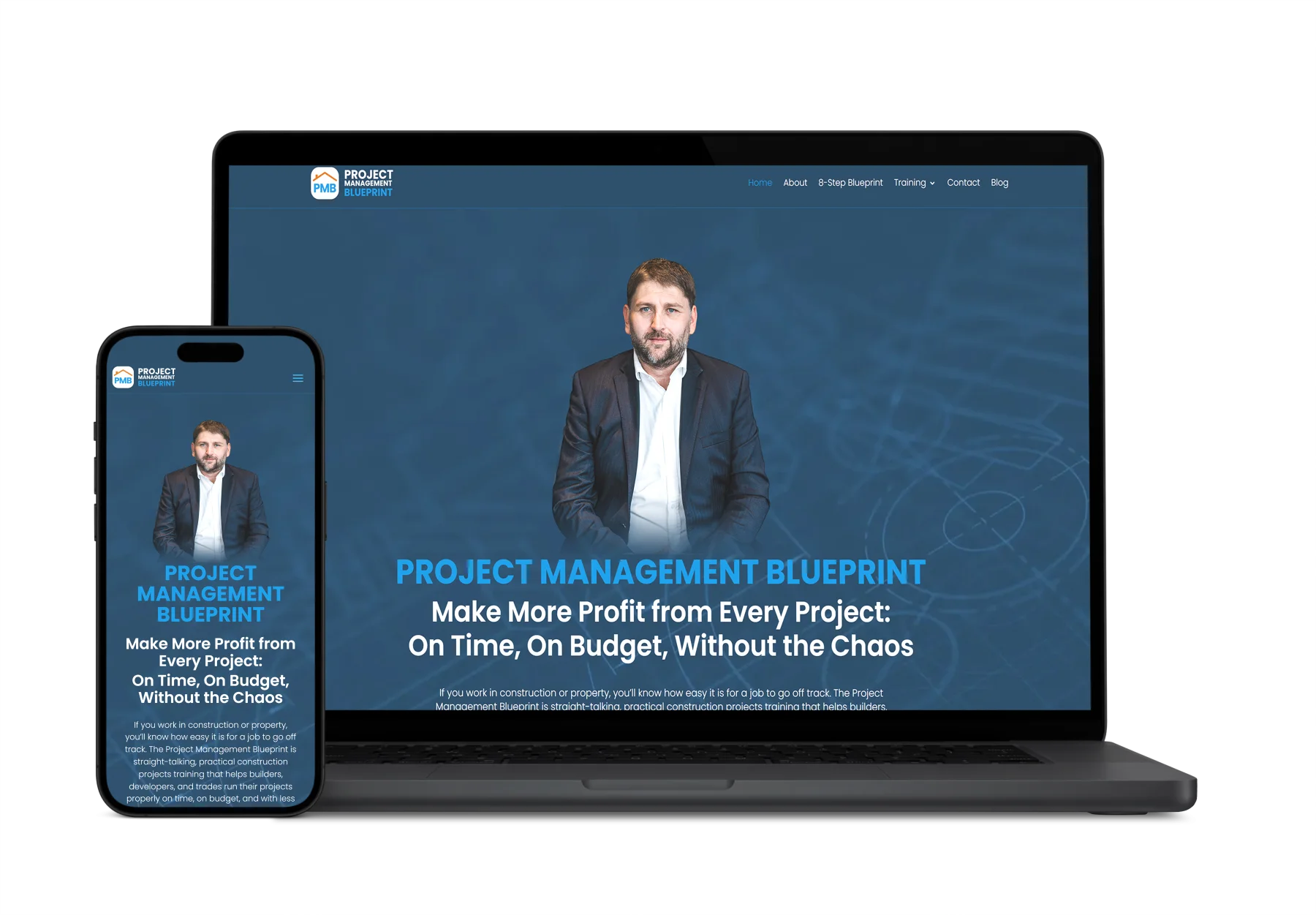 Project Management Blueprint website designed by Higher Performance, shown on laptop and phone