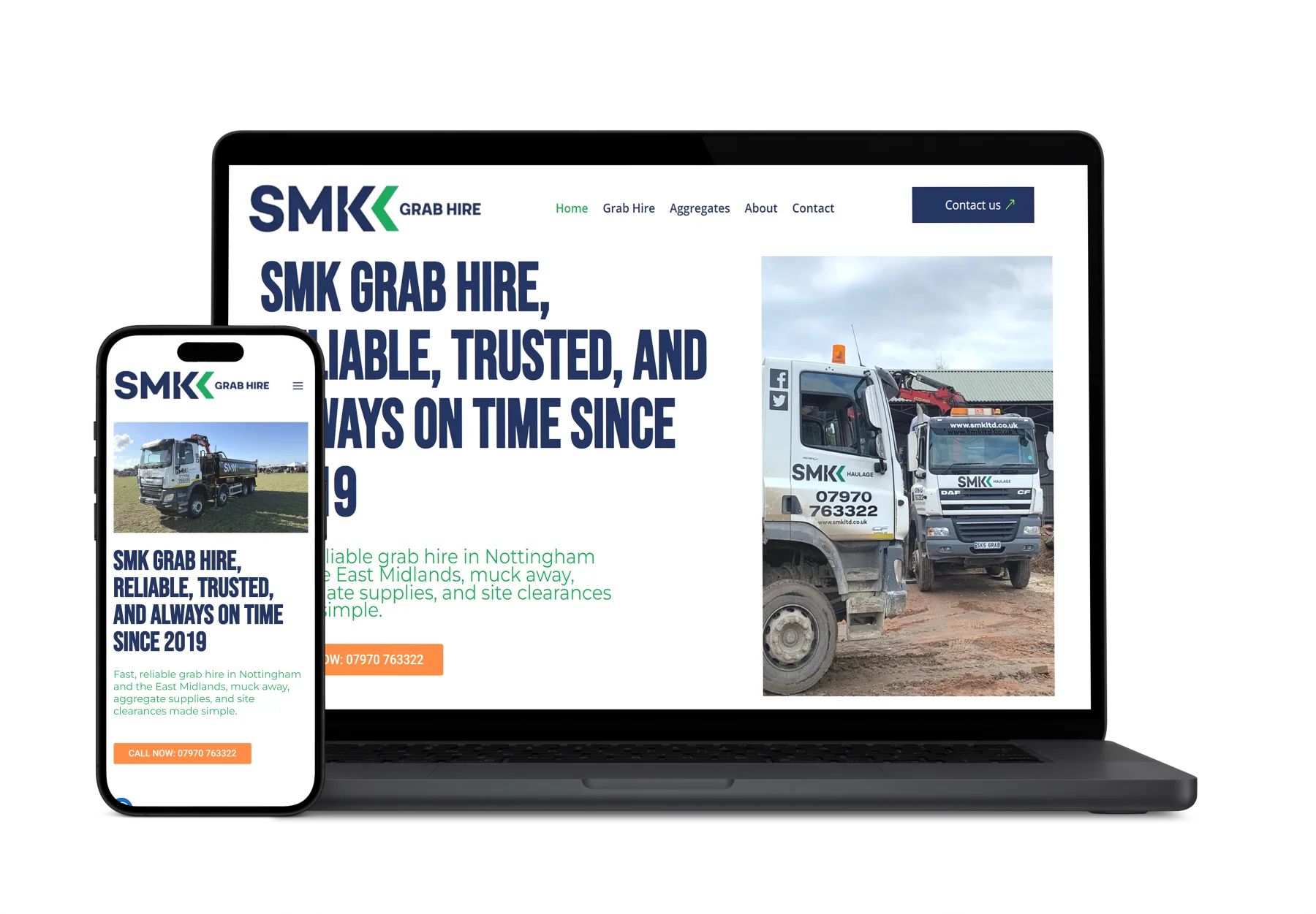 SMK Grab Hire website designed by Higher Performance, shown on laptop and phone