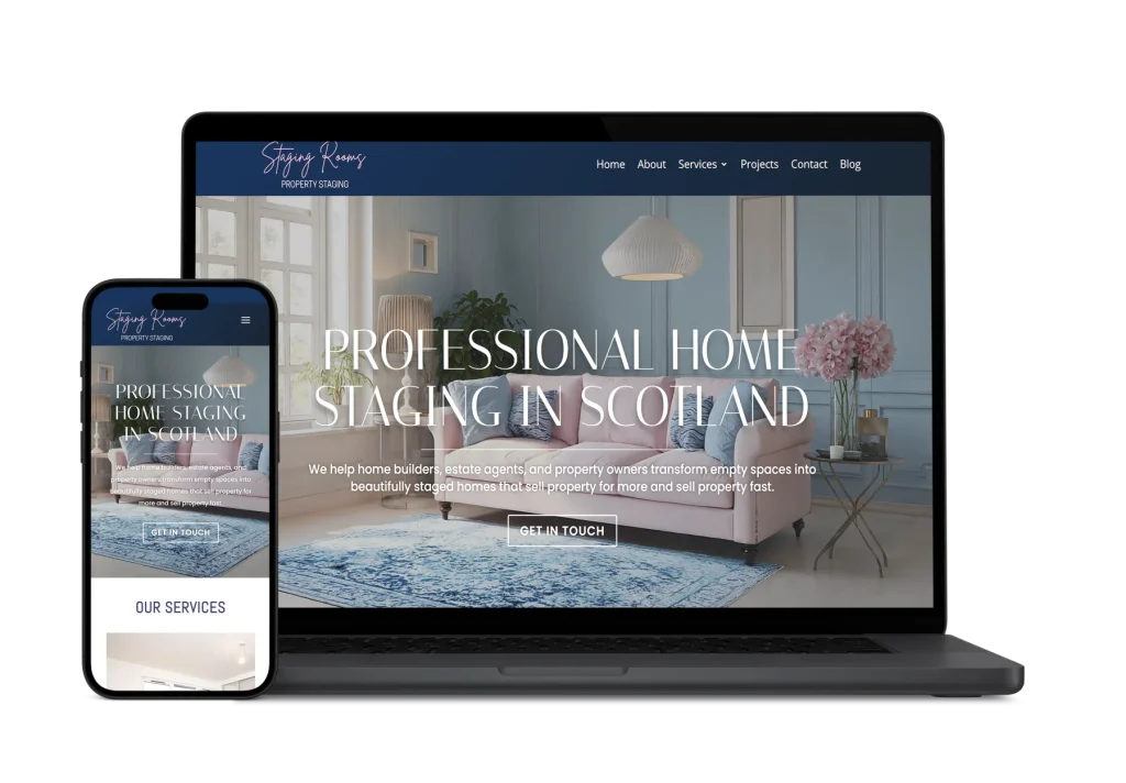 Responsive Staging Rooms website built by Higher Performance, shown on phone and laptop