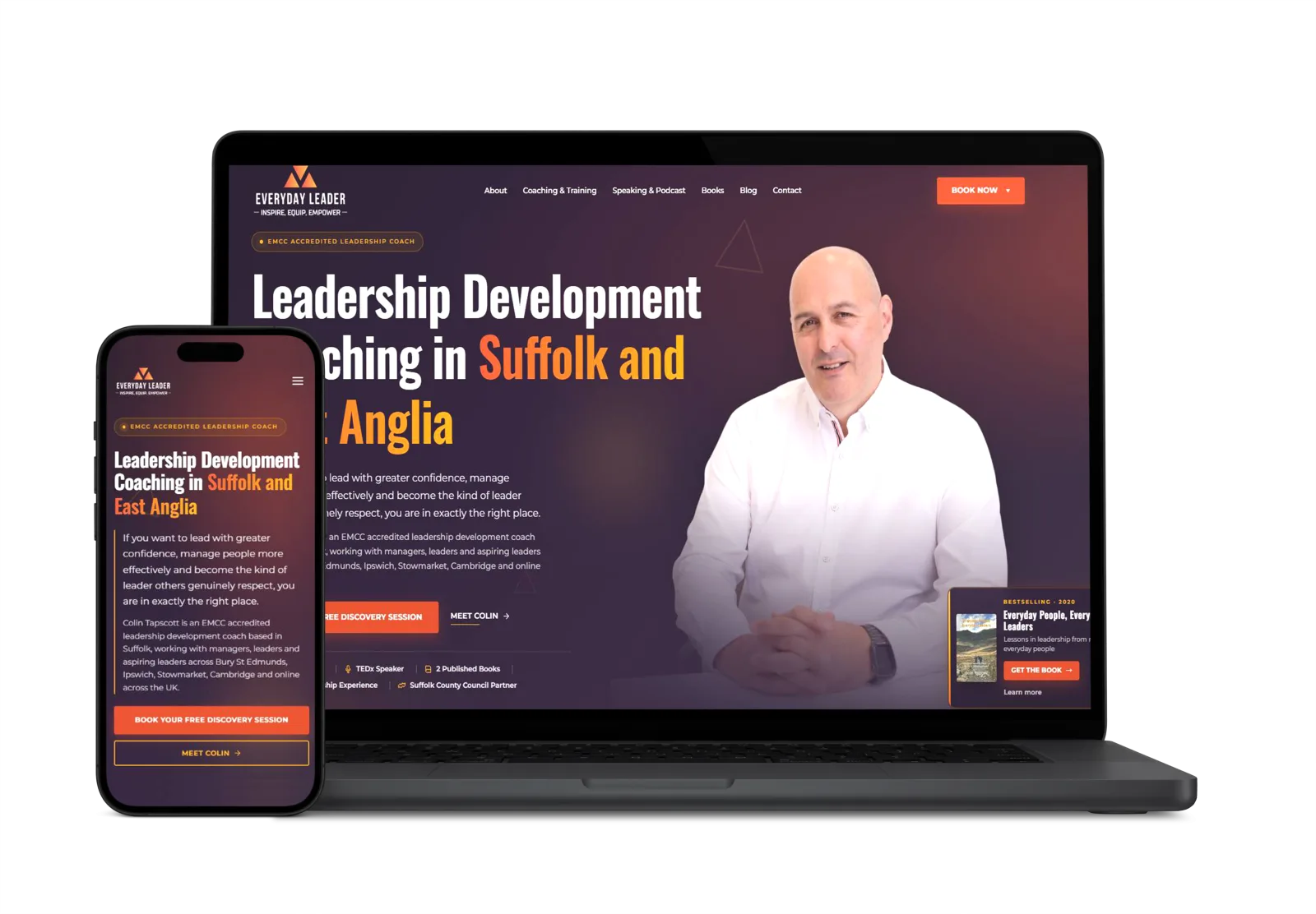 Everyday Leader website designed by Higher Performance for a Suffolk leadership coach, shown on laptop and phone