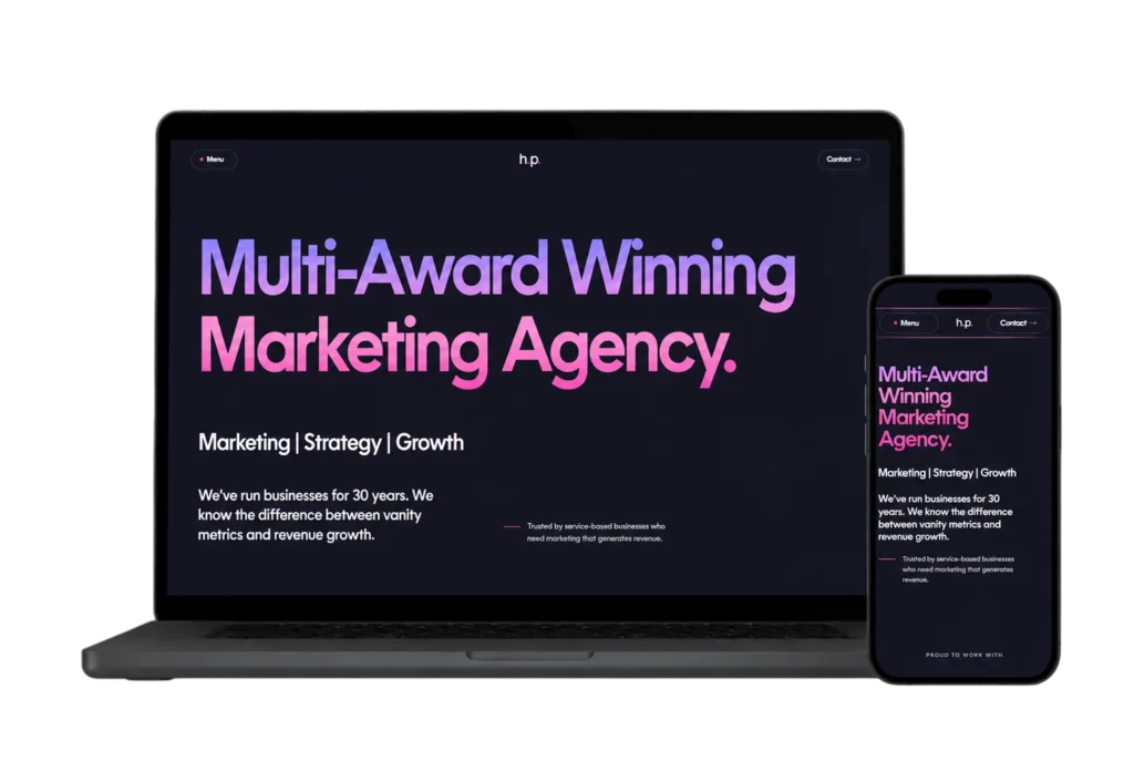 The Higher Performance website shown on a laptop and phone, where a review from an Ipswich client is featured