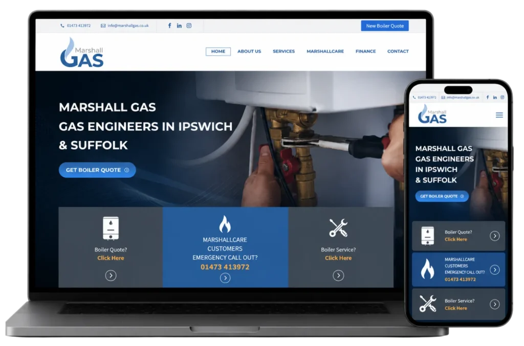 Marshall Gas gas engineers Ipswich website shown on a laptop and phone, supported by Higher Performance
