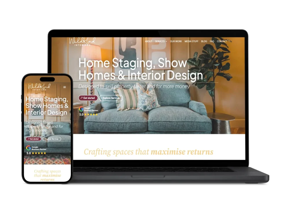 WildKind Interiors premium interior design website shown on a laptop and phone, built by Higher Performance