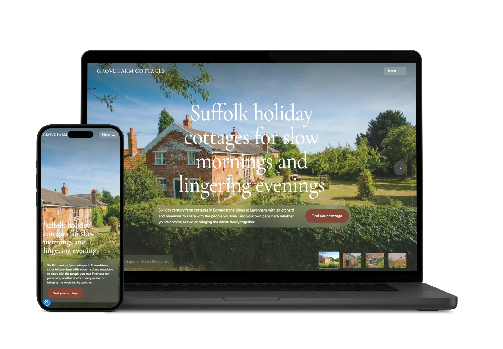Grove Farm Cottages website designed by Higher Performance, shown on laptop and phone