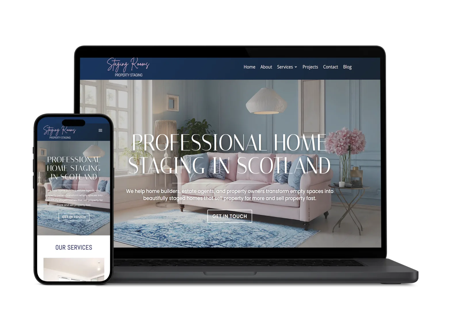Staging Rooms website designed by Higher Performance, shown on laptop and phone