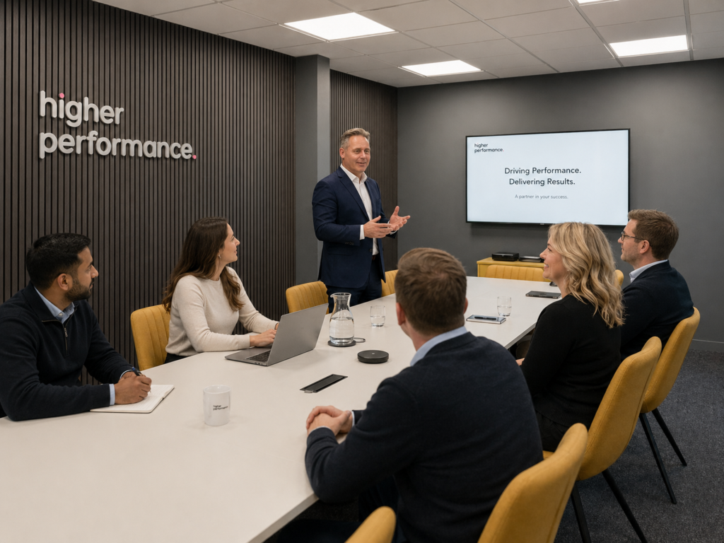 The Higher Performance team in a client strategy meeting at Eagle House