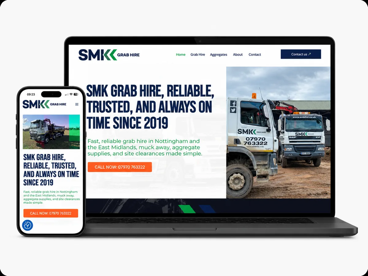 SMK Grab Hire website designed by Higher Performance, shown on a laptop and mobile